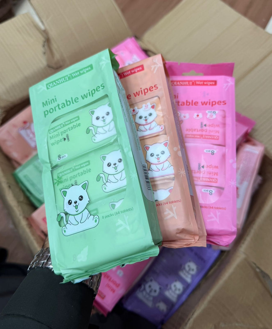 QIANHUI Cute Cartoon Mini Portable Wet Wipes – 1*8pcs(64sheets) Pack Value Set