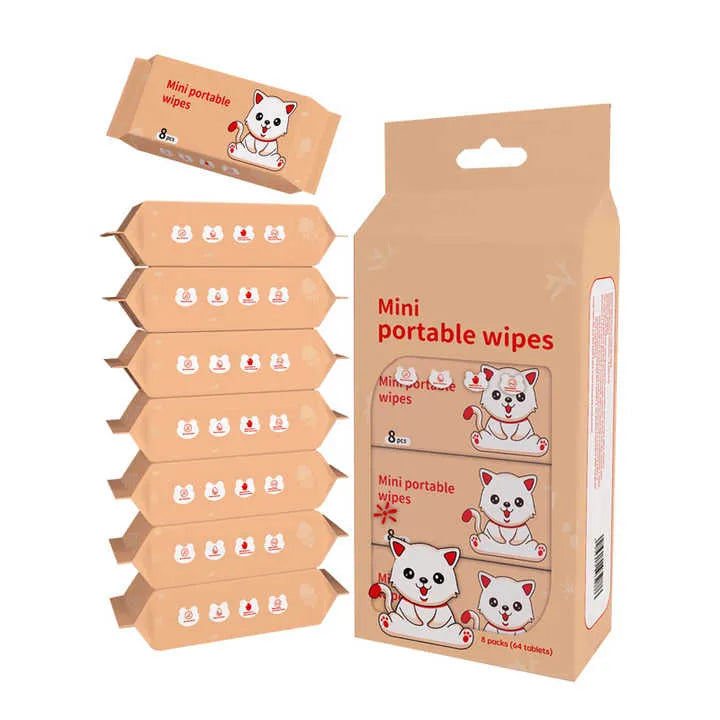 QIANHUI Cute Cartoon Mini Portable Wet Wipes – 1*8pcs(64sheets) Pack Value Set