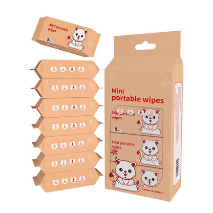 QIANHUI Cute Cartoon Mini Portable Wet Wipes – 1*8pcs(64sheets) Pack Value Set