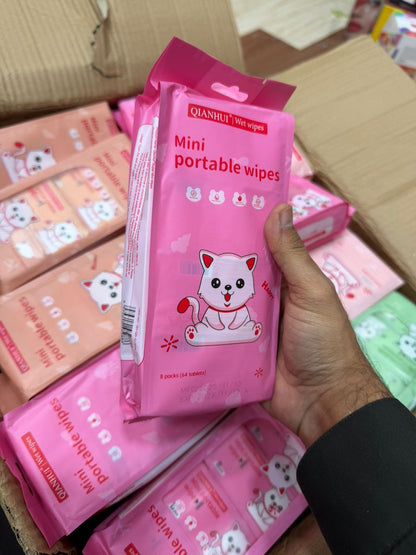 QIANHUI Cute Cartoon Mini Portable Wet Wipes – 1*8pcs(64sheets) Pack Value Set