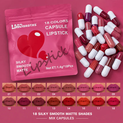 LMG Brothers 18 Colors Capsule Lipstick Set – Silky Smooth Matte Mini Capsule Lipsticks | Long Lasting Waterproof Velvet Finish | 18 Shades Lip Makeup Collection