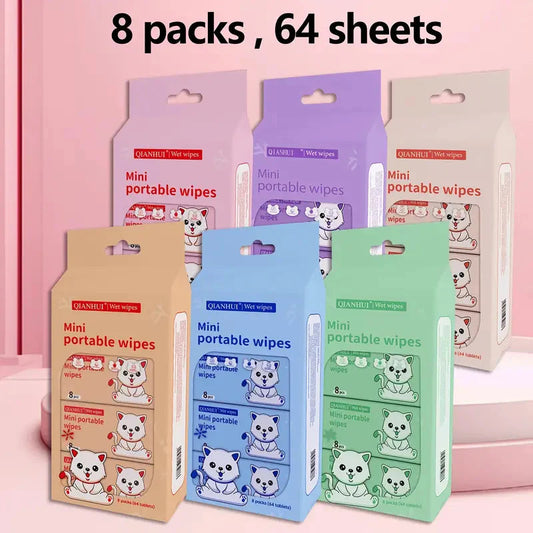 QIANHUI Cute Cartoon Mini Portable Wet Wipes – 1*8pcs(64sheets) Pack Value Set