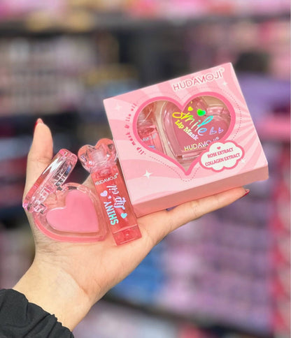 Hudamoji 2in1 Plant Extract Lip Care Set – Lip Mask & Lip Oil | Heart Shape | Pink | Moisturizing, Hydrating & Repairing Formula
