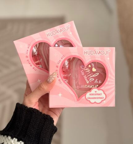 Hudamoji 2in1 Plant Extract Lip Care Set – Lip Mask & Lip Oil | Heart Shape | Pink | Moisturizing, Hydrating & Repairing Formula