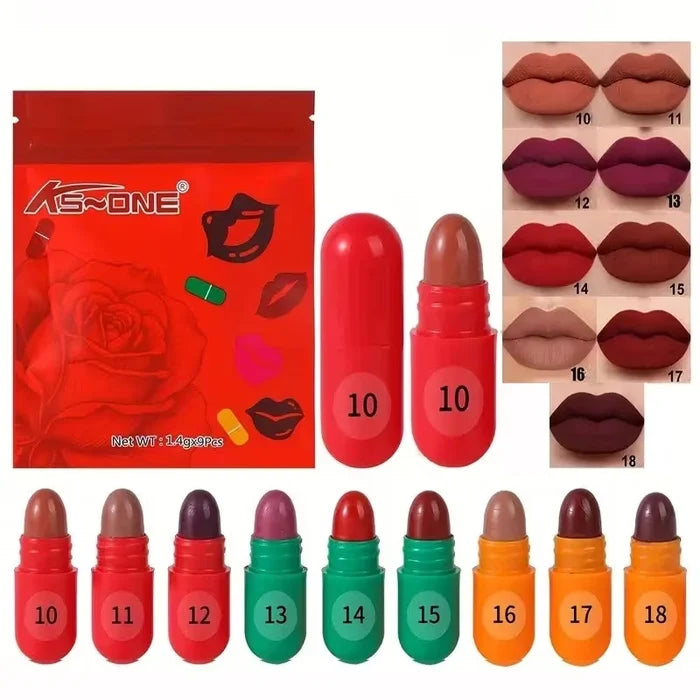 Ksone 9 Colors Capsule Lipstick Set | Mini Portable Lipstick Collection | Waterproof Long-Lasting Lip Makeup